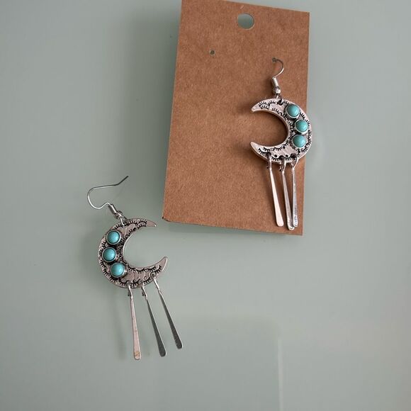 Silver Crescent Moon Earrings with Turquoise Accents A1457 - Picture 2 of 2